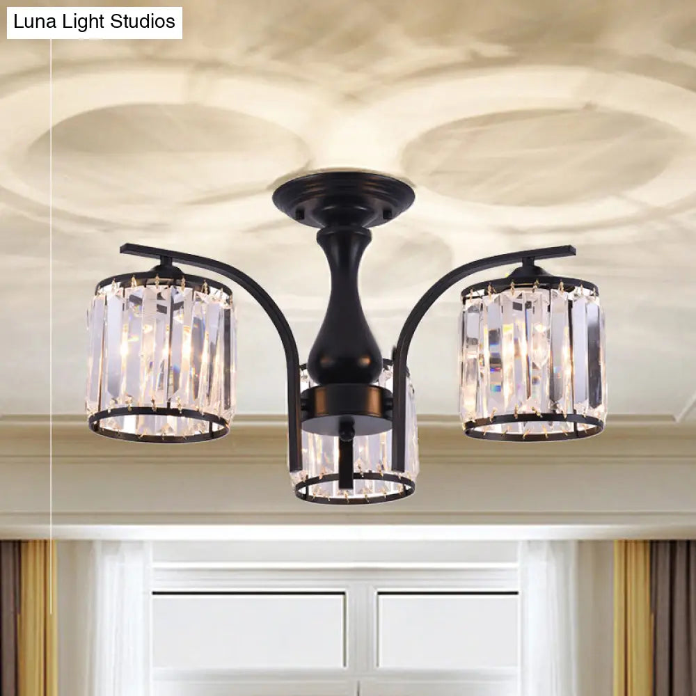 Sleek Nordic Metal Black Ceiling Light Fixture With Crystal Shade - Cylinder Semi Flush Mount 3/5