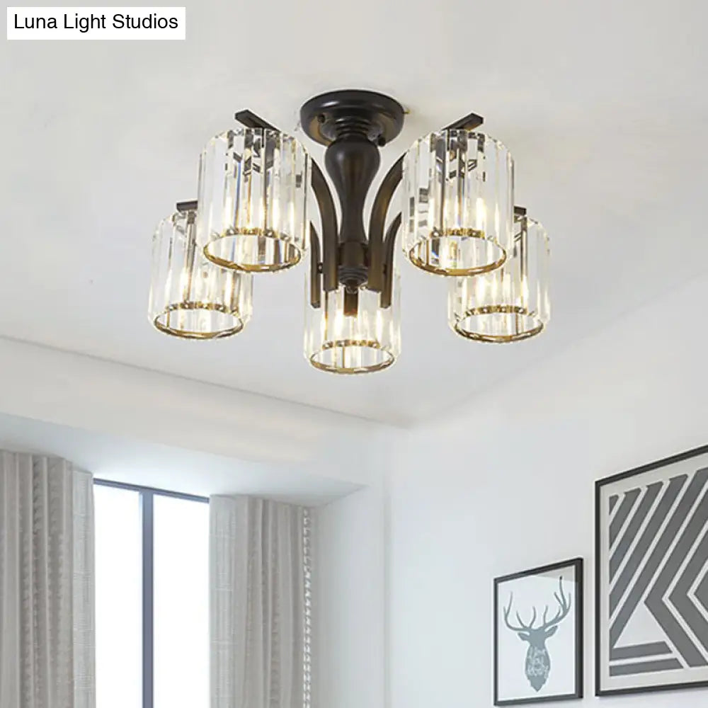 Sleek Nordic Metal Black Ceiling Light Fixture With Crystal Shade - Cylinder Semi Flush Mount 3/5