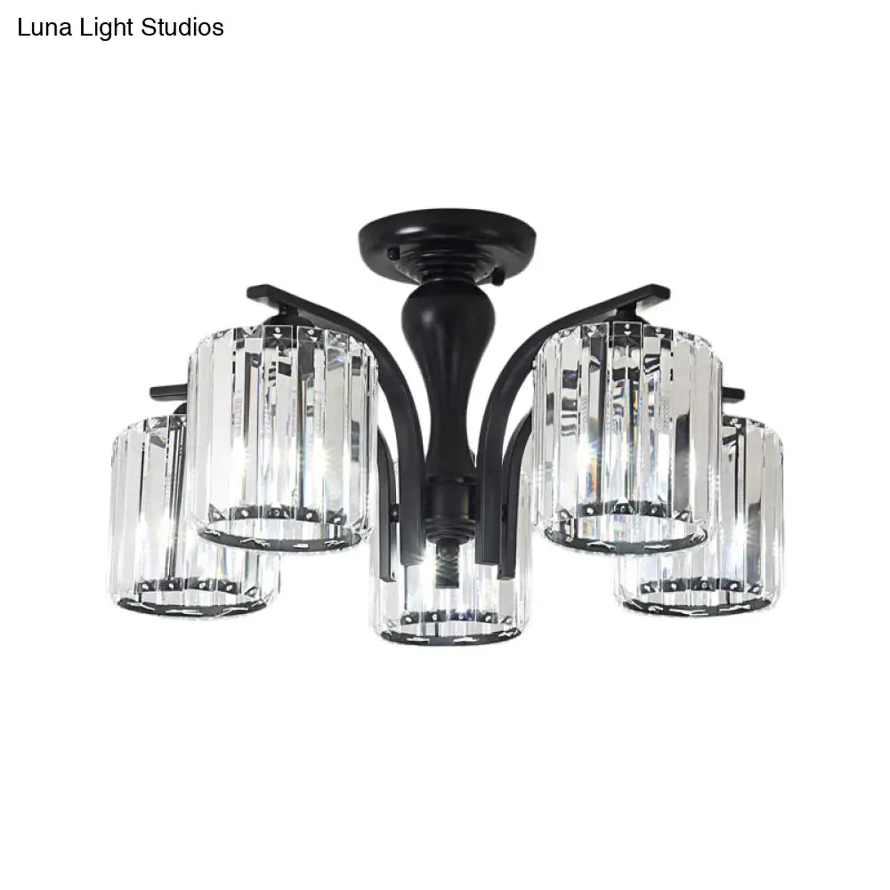 Sleek Nordic Metal Black Ceiling Light Fixture With Crystal Shade - Cylinder Semi Flush Mount 3/5