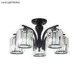 Sleek Nordic Metal Black Ceiling Light Fixture With Crystal Shade - Cylinder Semi Flush Mount 3/5