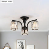 Sleek Nordic Metal Black Ceiling Light Fixture With Crystal Shade - Cylinder Semi Flush Mount 3/5