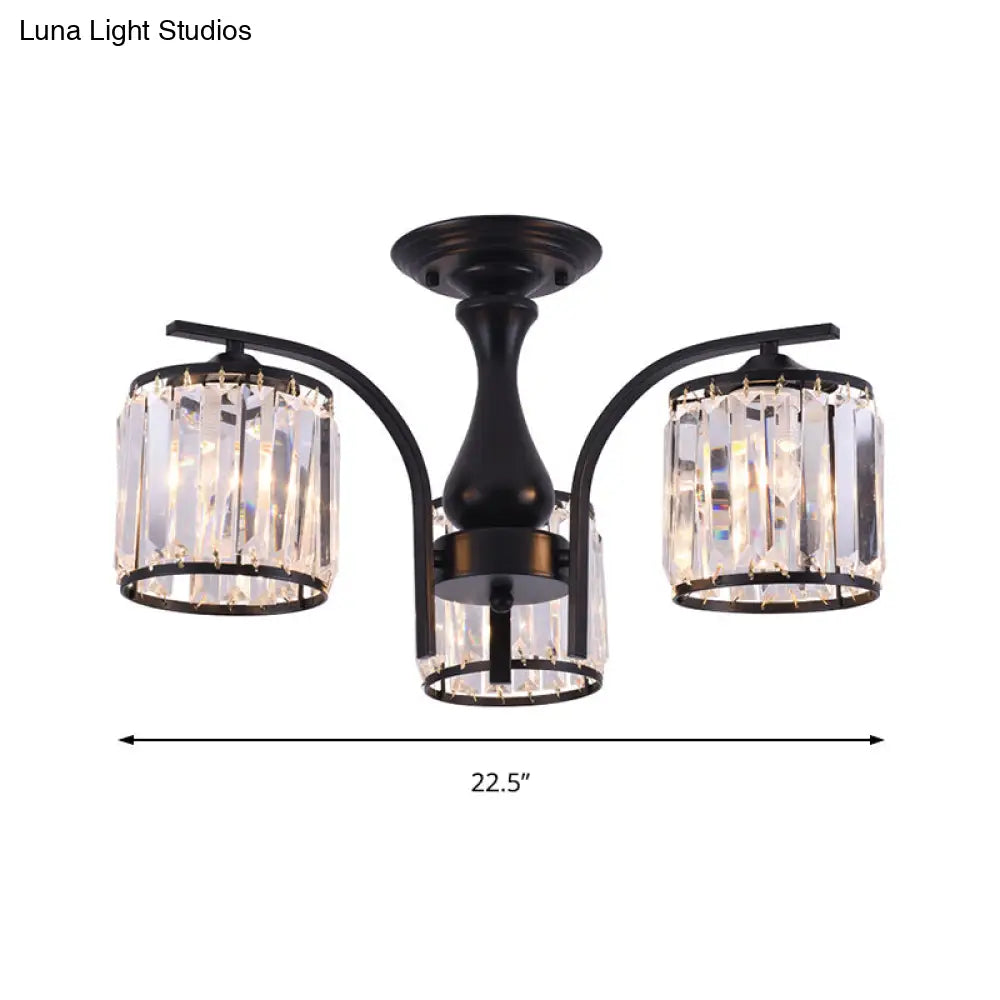 Sleek Nordic Metal Black Ceiling Light Fixture With Crystal Shade - Cylinder Semi Flush Mount 3/5