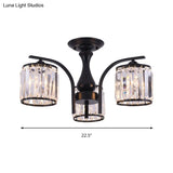 Sleek Nordic Metal Black Ceiling Light Fixture With Crystal Shade - Cylinder Semi Flush Mount 3/5