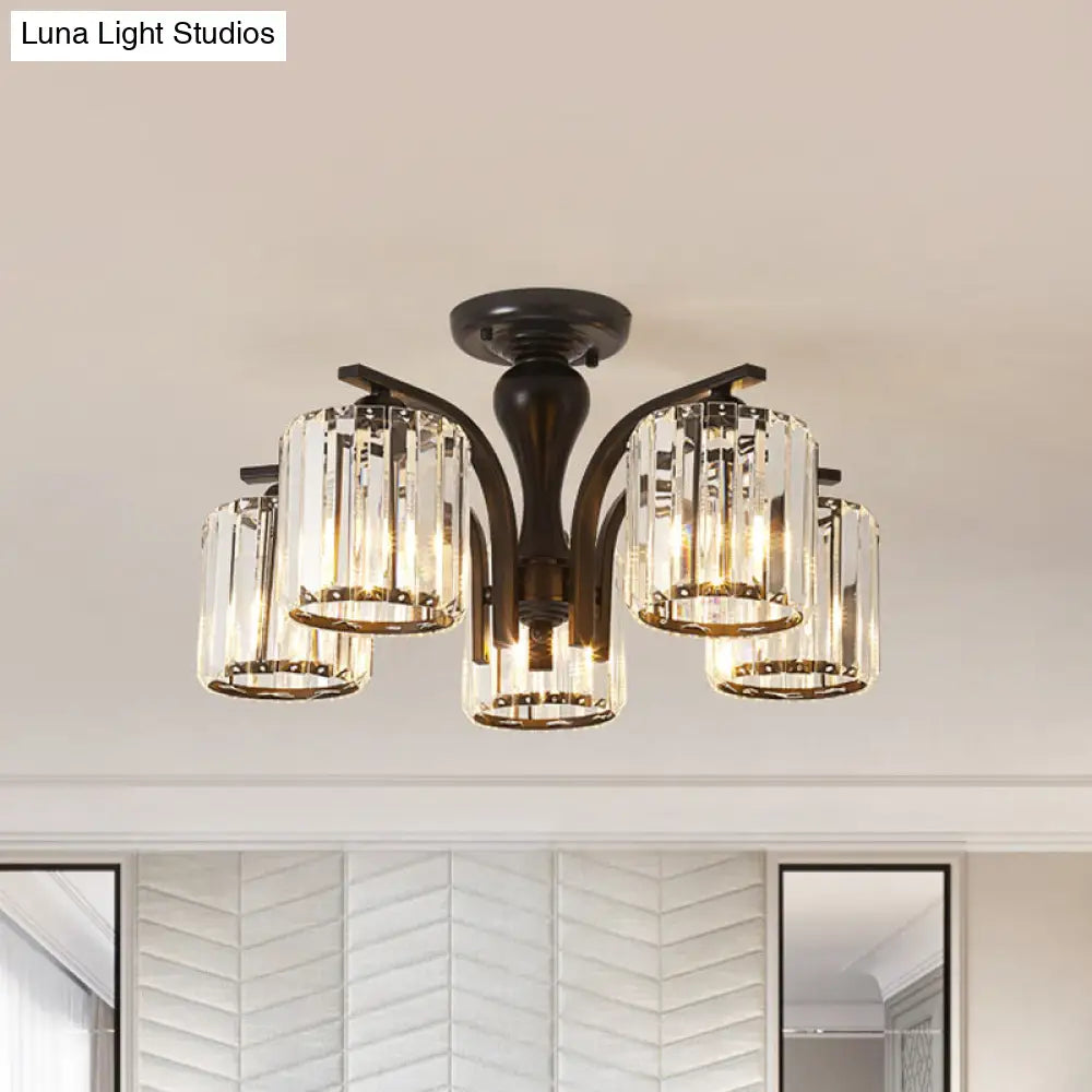 Sleek Nordic Metal Black Ceiling Light Fixture With Crystal Shade - Cylinder Semi Flush Mount 3/5