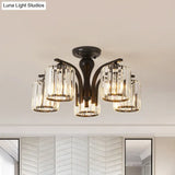 Sleek Nordic Metal Black Ceiling Light Fixture With Crystal Shade - Cylinder Semi Flush Mount 3/5