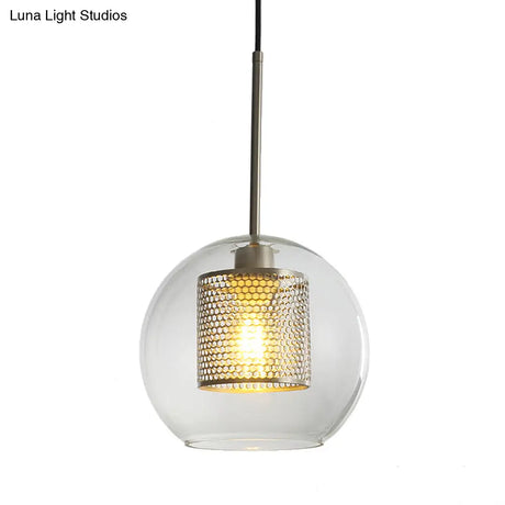 Sleek Orb Pendant Light With Mesh Cylinder Shade - Ideal Glass Hanging Lamp For Hallways
