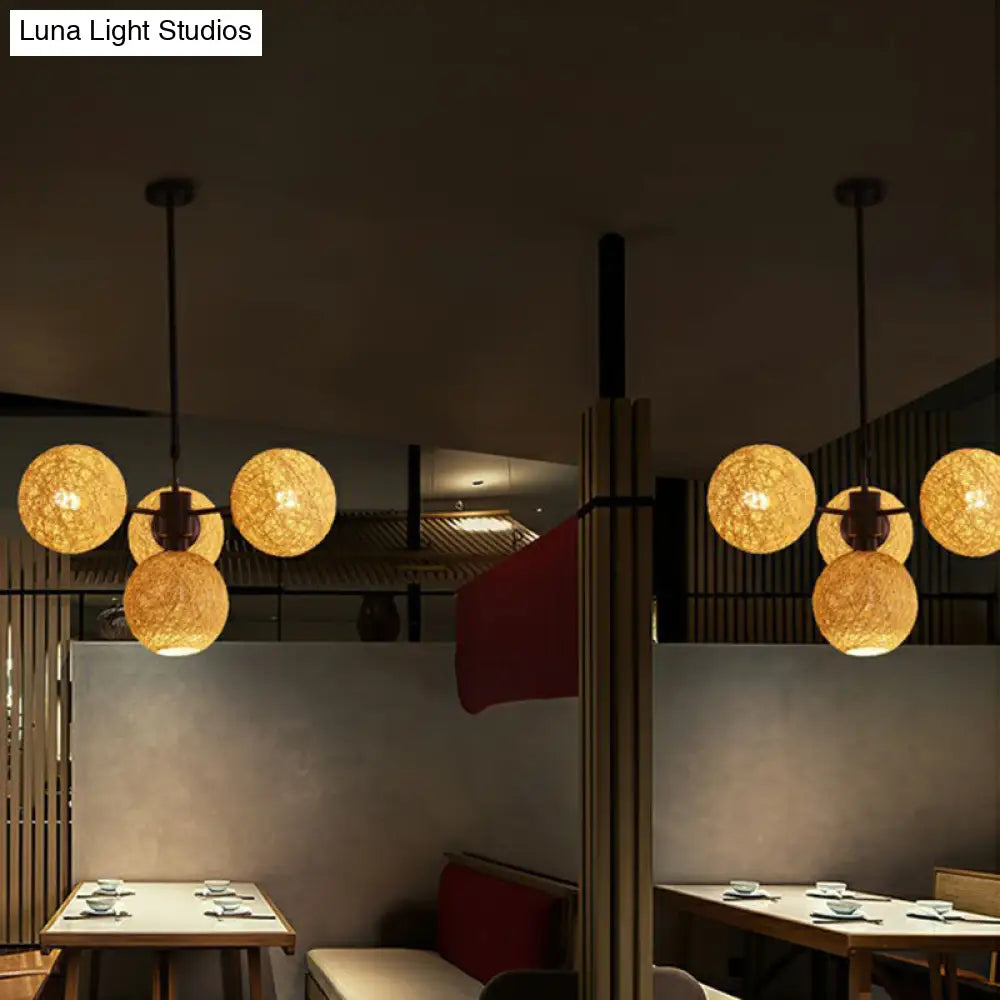 Sleek Rattan Chandelier Pendant With 4 Flaxen Heads - Contemporary Hanging Light Fixture