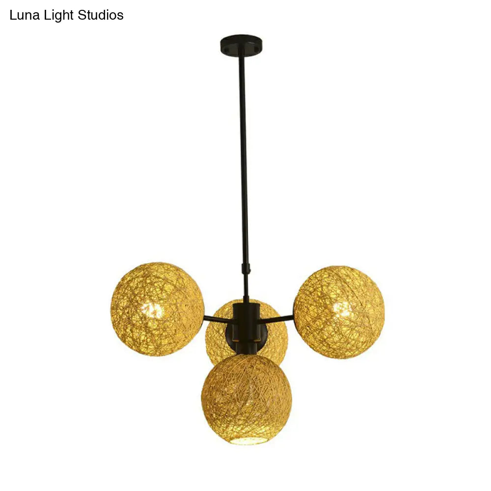 Sleek Rattan Chandelier Pendant With 4 Flaxen Heads - Contemporary Hanging Light Fixture