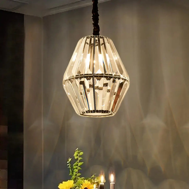 Sleek Rhombus Crystal Pendulum Light - Minimalist 1-Light Black Ceiling Fixture Clear