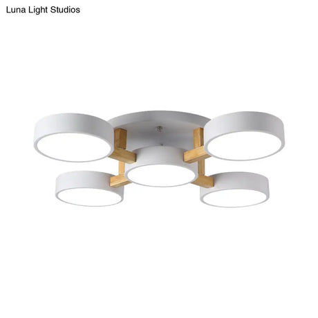 Sleek Round Living Room Ceiling Light: Minimalist Semi Mount Fixture With Acrylic Shade And Wood Arm
