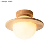 Sleek Semi Flush Mount Ceiling Lamp With Opal Frosted Glass And Wood Banding Belt