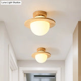 Sleek Semi Flush Mount Ceiling Lamp With Opal Frosted Glass And Wood Banding Belt