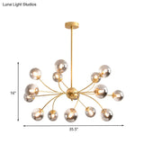 Sleek Spherical Chandelier: Postmodern Smoke Gray/Cognac Glass 15 Bulbs Gold Ceiling Fixture
