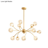 Sleek Spherical Chandelier: Postmodern Smoke Gray/Cognac Glass 15 Bulbs Gold Ceiling Fixture