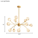 Sleek Spherical Chandelier: Postmodern Smoke Gray/Cognac Glass 15 Bulbs Gold Ceiling Fixture