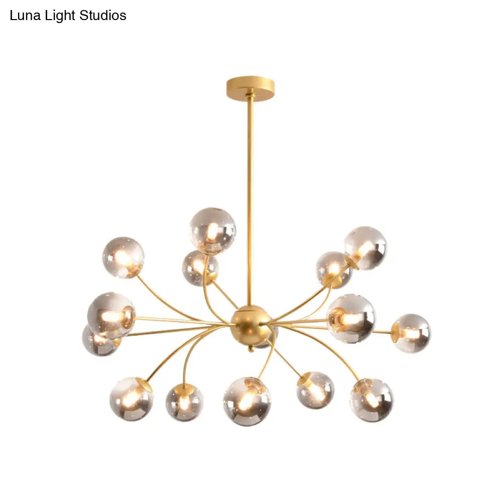 Sleek Spherical Chandelier: Postmodern Smoke Gray/Cognac Glass 15 Bulbs Gold Ceiling Fixture