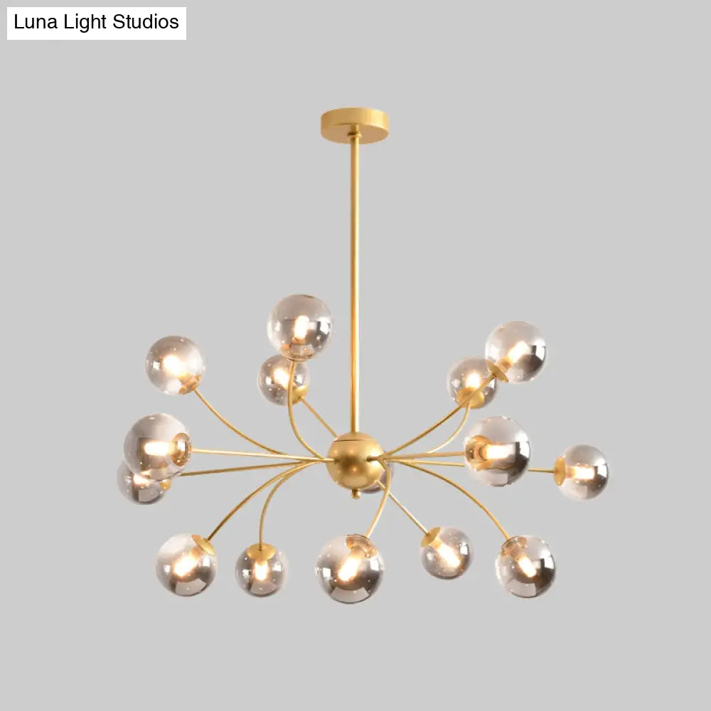 Sleek Spherical Chandelier: Postmodern Smoke Gray/Cognac Glass 15 Bulbs Gold Ceiling Fixture