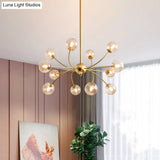 Sleek Spherical Chandelier: Postmodern Smoke Gray/Cognac Glass 15 Bulbs Gold Ceiling Fixture
