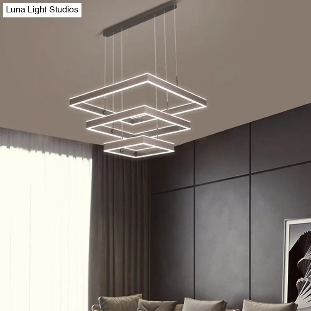 Sleek Tiered Square Chandelier Led Pendant Light In Coffee For Metallic Living Room