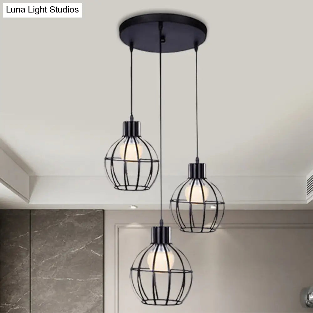 Sleek Vintage Black Metallic Ceiling Lamp - Global Suspended Light With Cage Shade