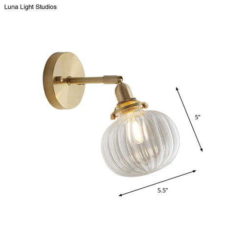 Small Brass Pumpkin Wall Lamp With Clear Ribbed/Blue Glass - Bedroom Lighting Adjustable Joint