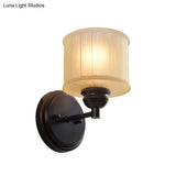 Small Drum Sconce Lighting - Country Style Wall Mounted Lamp With Black Finish And Tan Glass