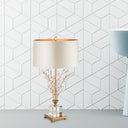 Small Gold Desk Lamp With Crystal Leaf - Modern Fabric Drum Table Light
