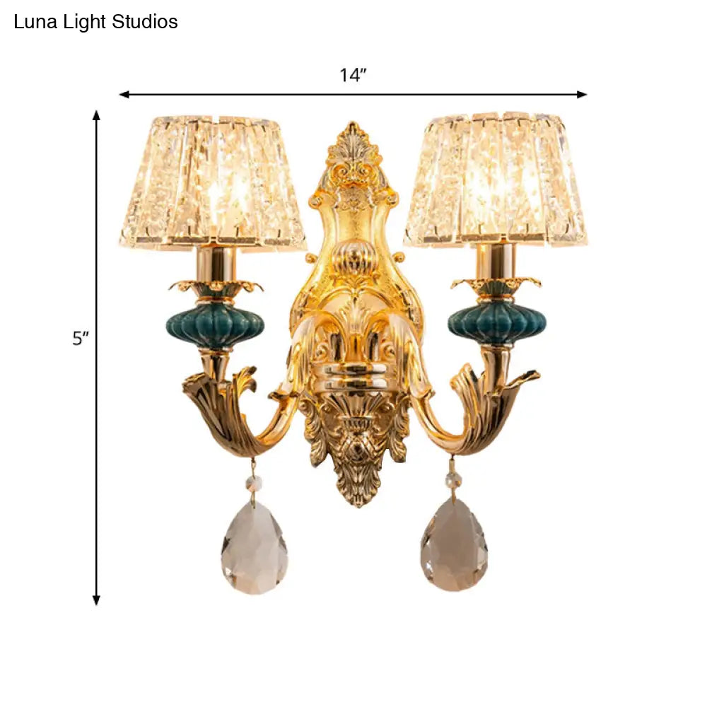 Small Gold Drum Wall Mount Traditional Seedy Crystal Bedroom Lamp Fixture