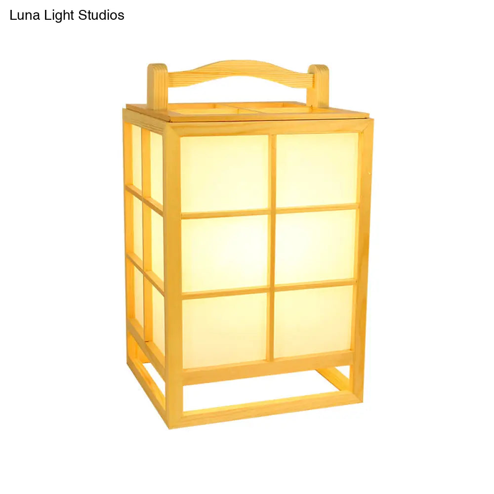 Small Japanese Light Wood Desk Lamp: Rectangular Table With Handle Beige Finish