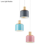 Small White Drum Cluster Pendant Light With 3 Metallic Heads And Wood Top - Minimalist Ceiling Hang