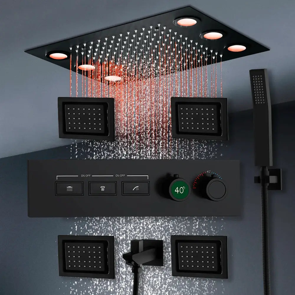 Smart Remote LED Shower Head Set 20x14inch Panel Faucet System Lateral Jet Thermostatic Mixer Valve Button Switch Hand