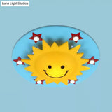 Smiling Sun Flush Ceiling Light In Yellow For Game Room - Cartoon Design Wood Finish