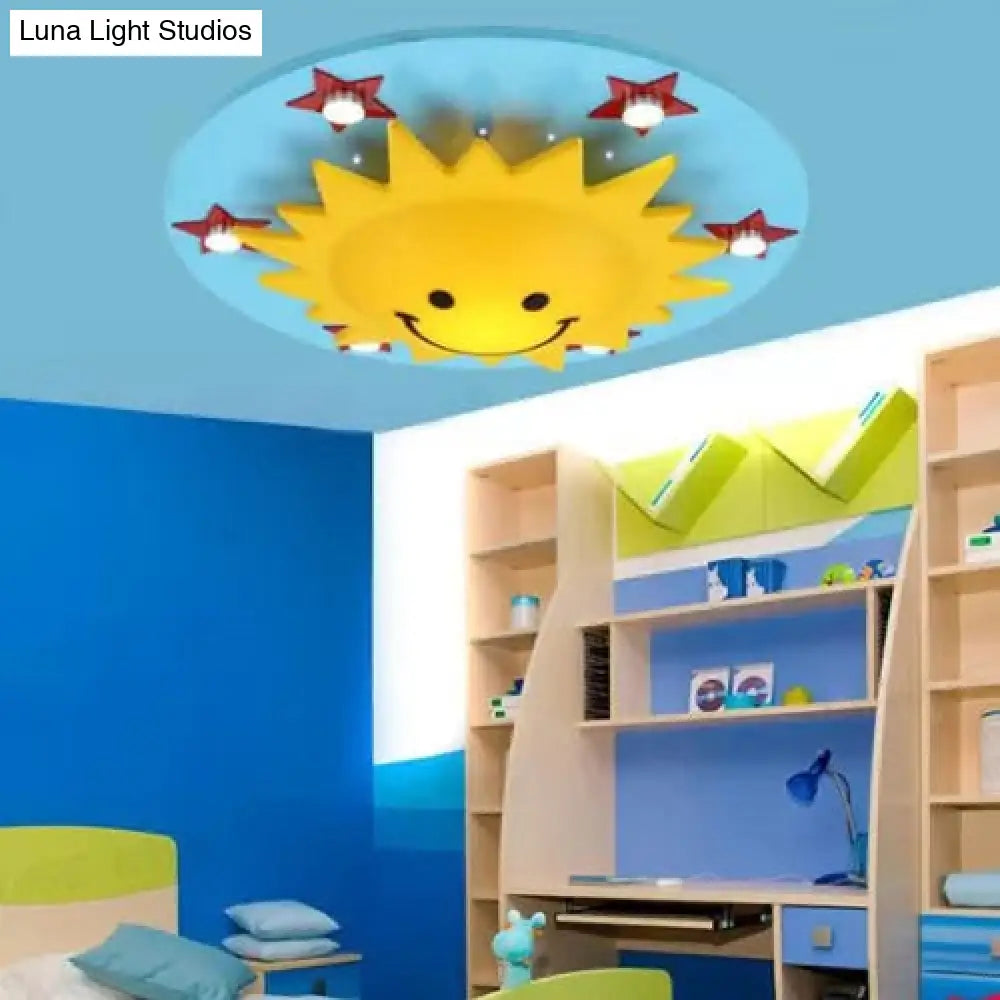 Smiling Sun Flush Ceiling Light In Yellow For Game Room - Cartoon Design Wood Finish