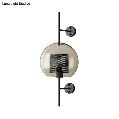 Smoke Gray Glass Colonial Sphere Wall Sconce - Black Finish Cylinder Wire Mesh Inside 8/10 Wide