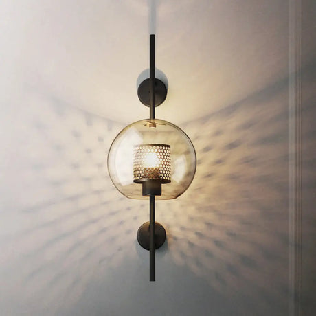 Smoke Gray Glass Colonial Sphere Wall Sconce - Black Finish Cylinder Wire Mesh Inside 8/10 Wide / 10