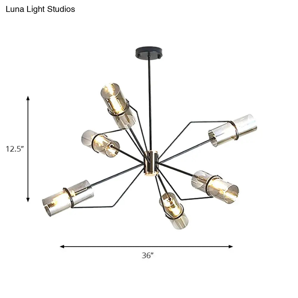 Smoky Gray Glass Cylinder Chandelier Pendant Light | Modern Hanging Lighting 6-Light Fixture
