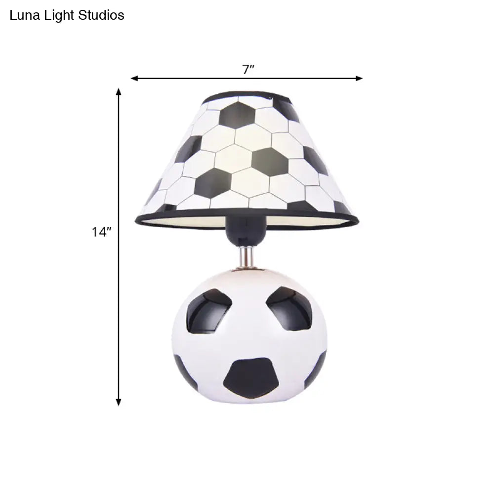 Soccer-Inspired Cartoon Night Lamp: White And Black Ceramic Table Light With Plastic Conic Shade