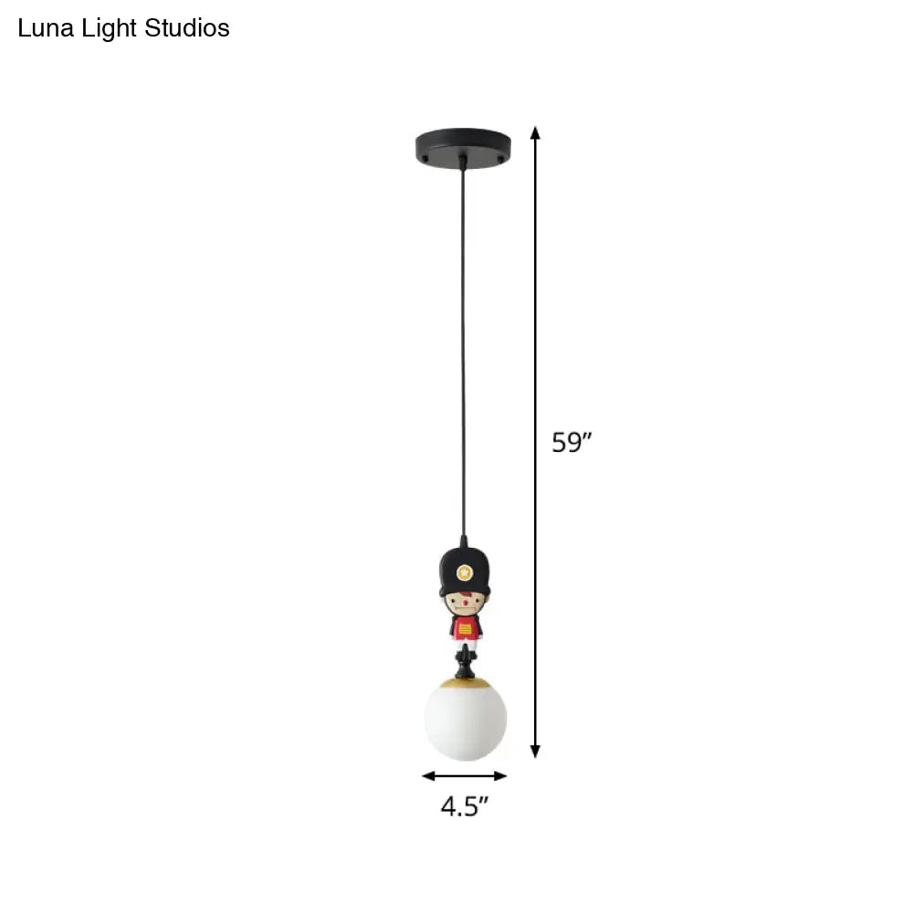 Soldier Decorated Black Pendant Lamp: Globe Glass Hanging Light With Cartoon Theme