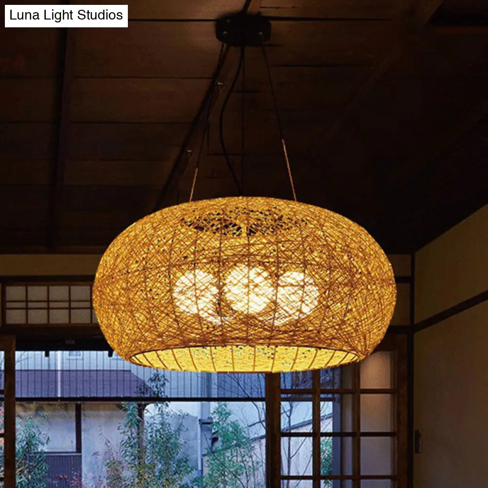 South-East Asian Rattan Curved Drum Ceiling Chandelier With 3 Heads - Lighting Fixture
