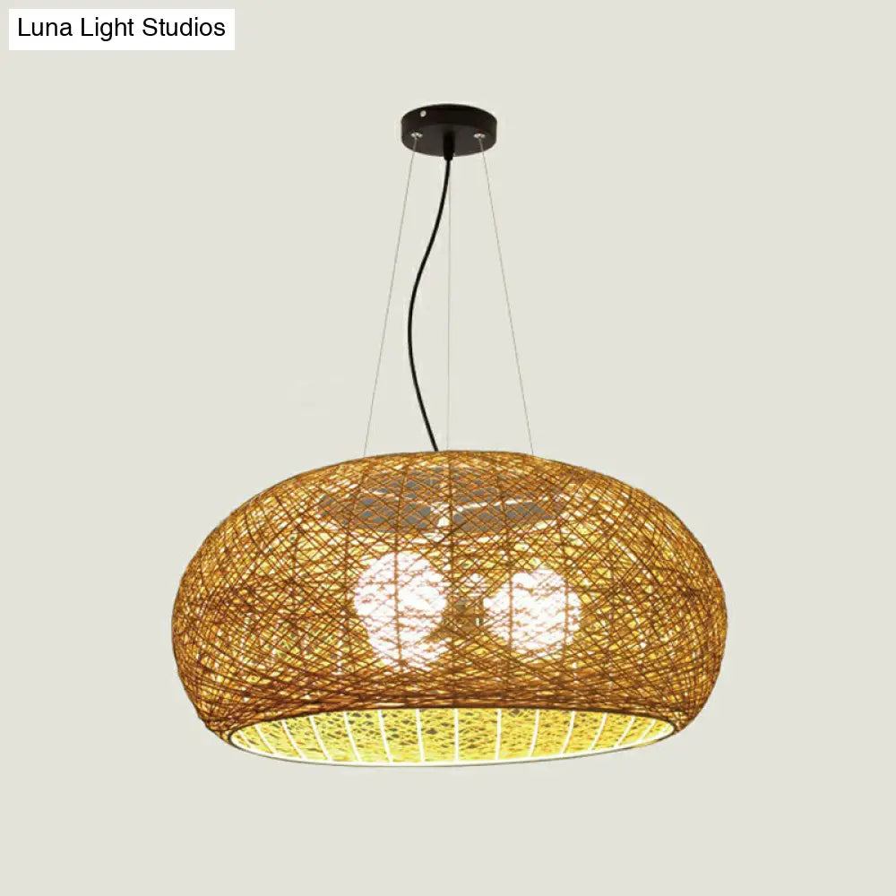 South-East Asian Rattan Curved Drum Ceiling Chandelier With 3 Heads - Lighting Fixture