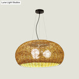 South-East Asian Rattan Curved Drum Ceiling Chandelier With 3 Heads - Lighting Fixture