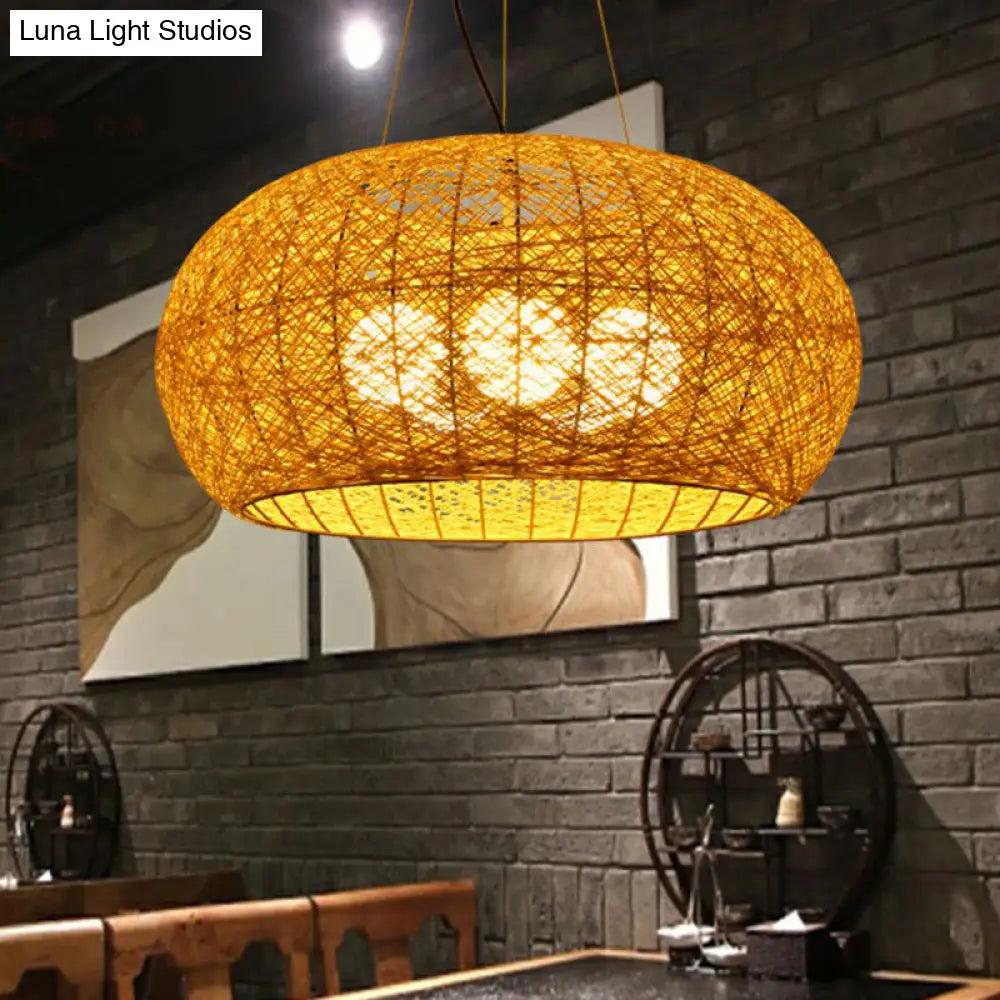 South-East Asian Rattan Curved Drum Ceiling Chandelier With 3 Heads - Lighting Fixture