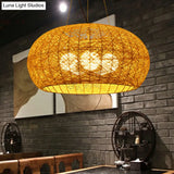 South-East Asian Rattan Curved Drum Ceiling Chandelier With 3 Heads - Lighting Fixture