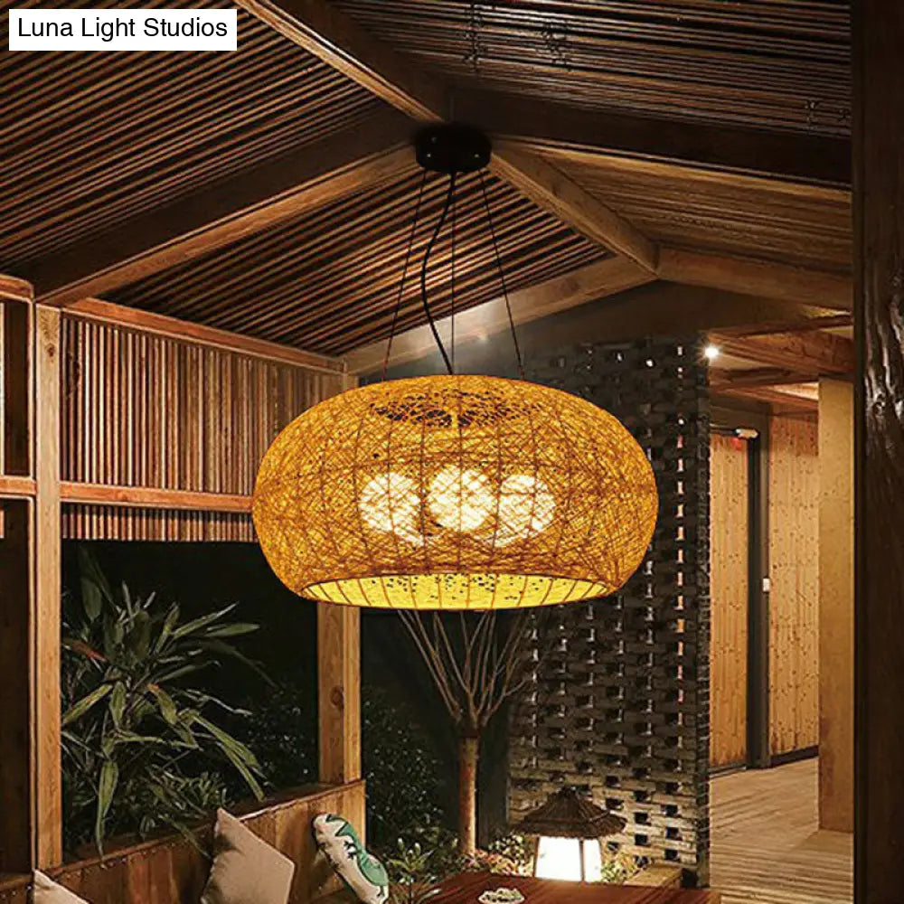 South-East Asian Rattan Curved Drum Ceiling Chandelier With 3 Heads - Lighting Fixture