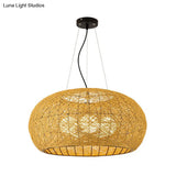 South-East Asian Rattan Curved Drum Ceiling Chandelier With 3 Heads - Lighting Fixture