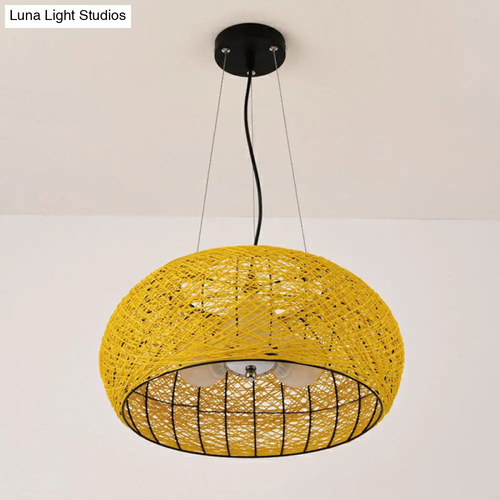 South-East Asian Rattan Curved Drum Ceiling Chandelier With 3 Heads - Lighting Fixture