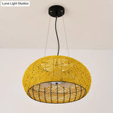 South-East Asian Rattan Curved Drum Ceiling Chandelier With 3 Heads - Lighting Fixture