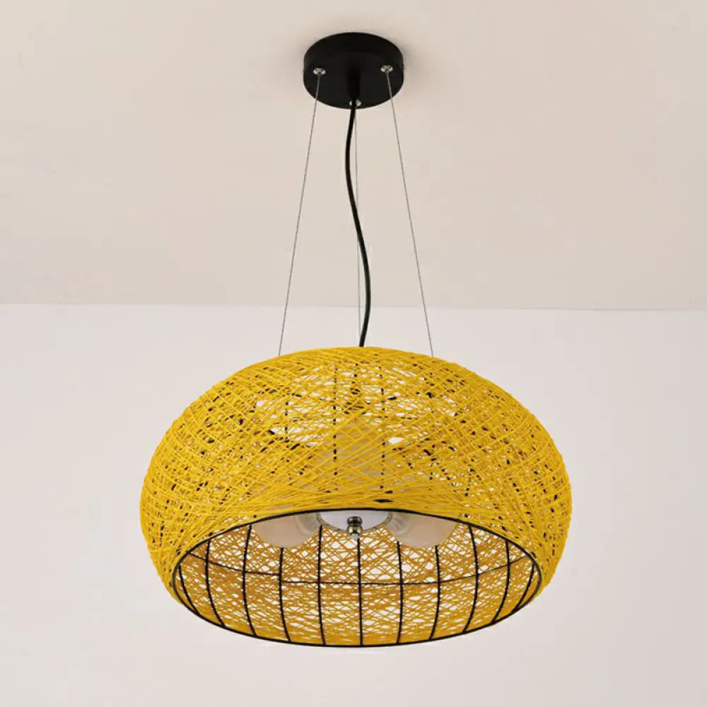 South-East Asian Rattan Curved Drum Ceiling Chandelier With 3 Heads - Lighting Fixture Golden