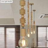 Spherical Bead Wood Hanging Lamp - Lodge Style Bedside Pendant Light With Bare Bulb 12.5’/14’ Height
