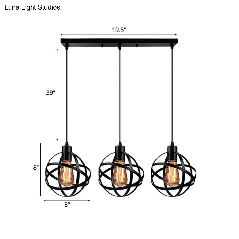 Spherical Pendant Light Fixture: Industrial Black Metal With Wire Guard - Perfect For Dining Room